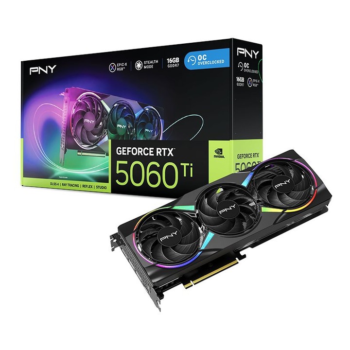 PNY GeForce RTX5060 TI 16GB DDR7 ARGB OC videókártya, nVidia, RTX 50 Series, PCIE, 16GB, GDDR7, 128bit, GPU:2692MHz, RAM:28000MHz, Aktív hűtés, 1xHDMI, 3xDisplayPort, RGB, Gamer