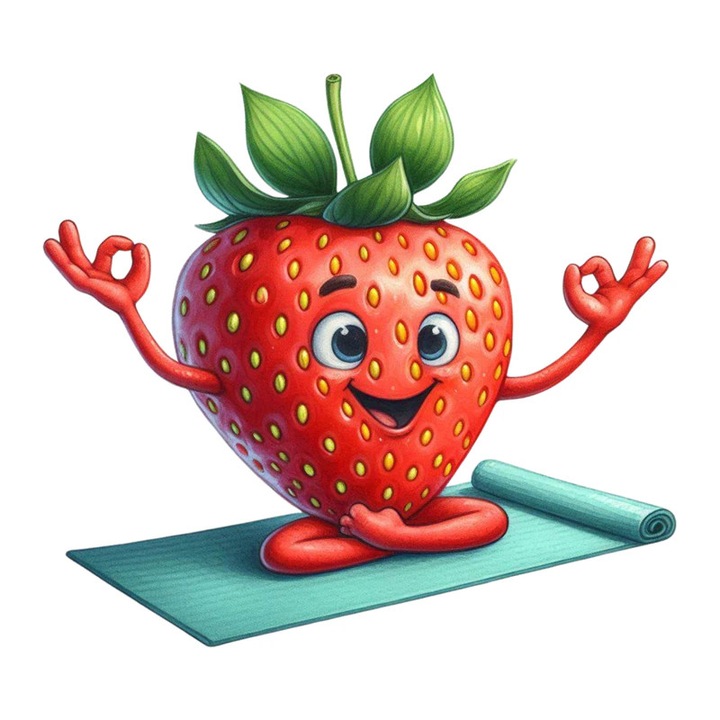 Sticker Capsuna amuzanta de vara yoga, Fructe, Autoadeziv, Cri-Flo, Marime 6 cm