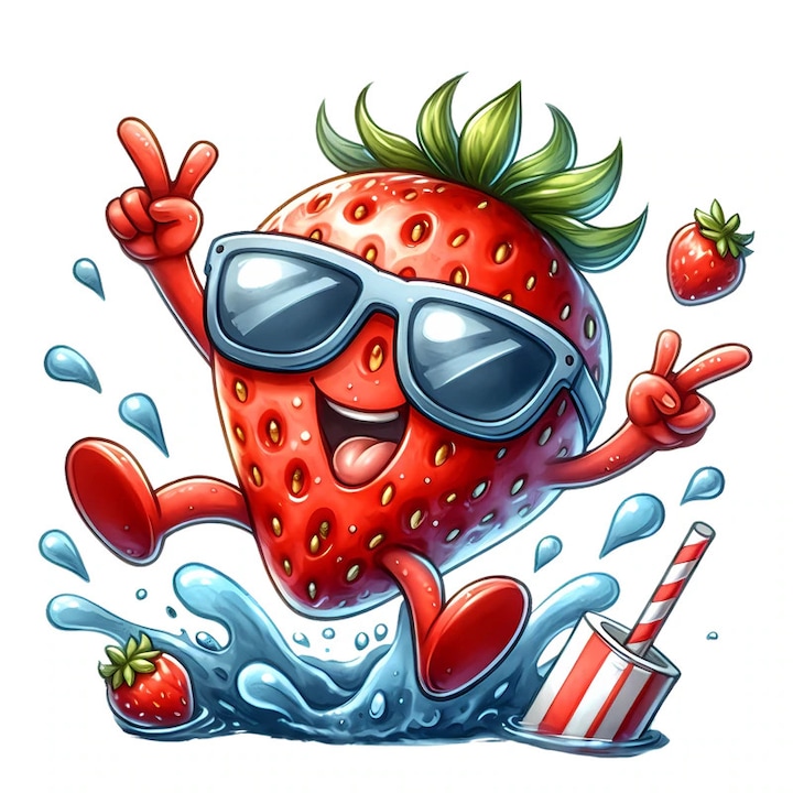 Sticker Capsuna amuzanta de vara saritor in apa, Fructe, Autoadeziv, Cri-Flo, Marime 6 cm