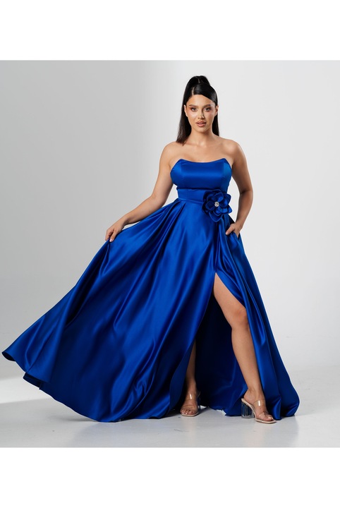 Rochie lunga CORALIA, din tafta cu accesoriu in talie, Albastru