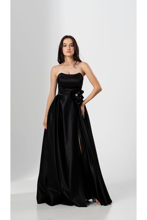 Rochie lunga CORALIA, din tafta cu accesoriu in talie, Negru