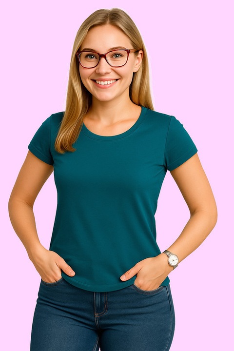 Tricou Dama Bumbac Simplu Casual Elegant Vara v2, Albastru petrol