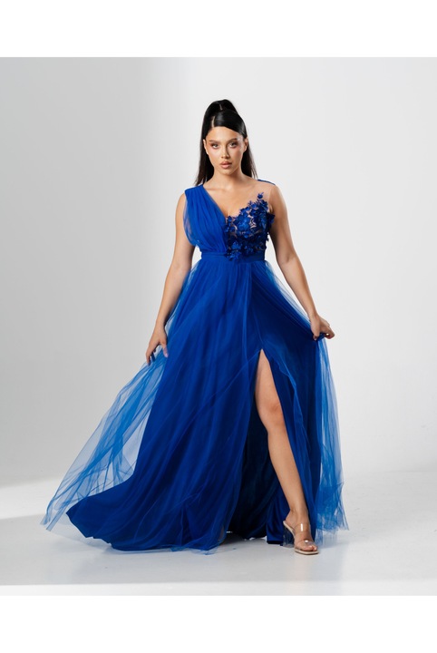Rochie lunga, FLORI, din tulle cu aplicatii 3D, Albastru