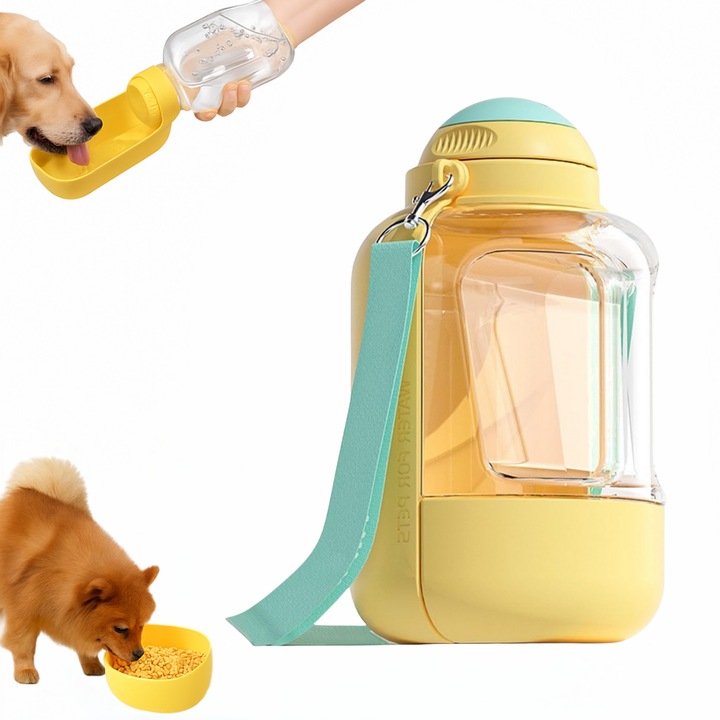 Dispenser portabil de apa si mancare pentru caini si pisici, bidon 2 in 1, etans, capacitate de 1000ml apa 300 ml hrana, fara BPA, Galben