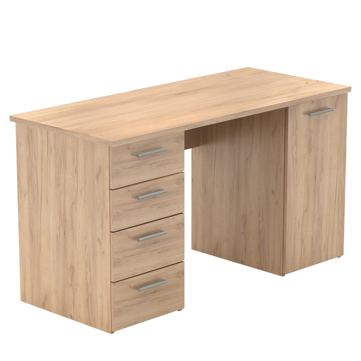 Birou, culoare stejar artisan, din PAL laminat, 4 sertare, dulap cu usa, 137x60x76, 3 cm