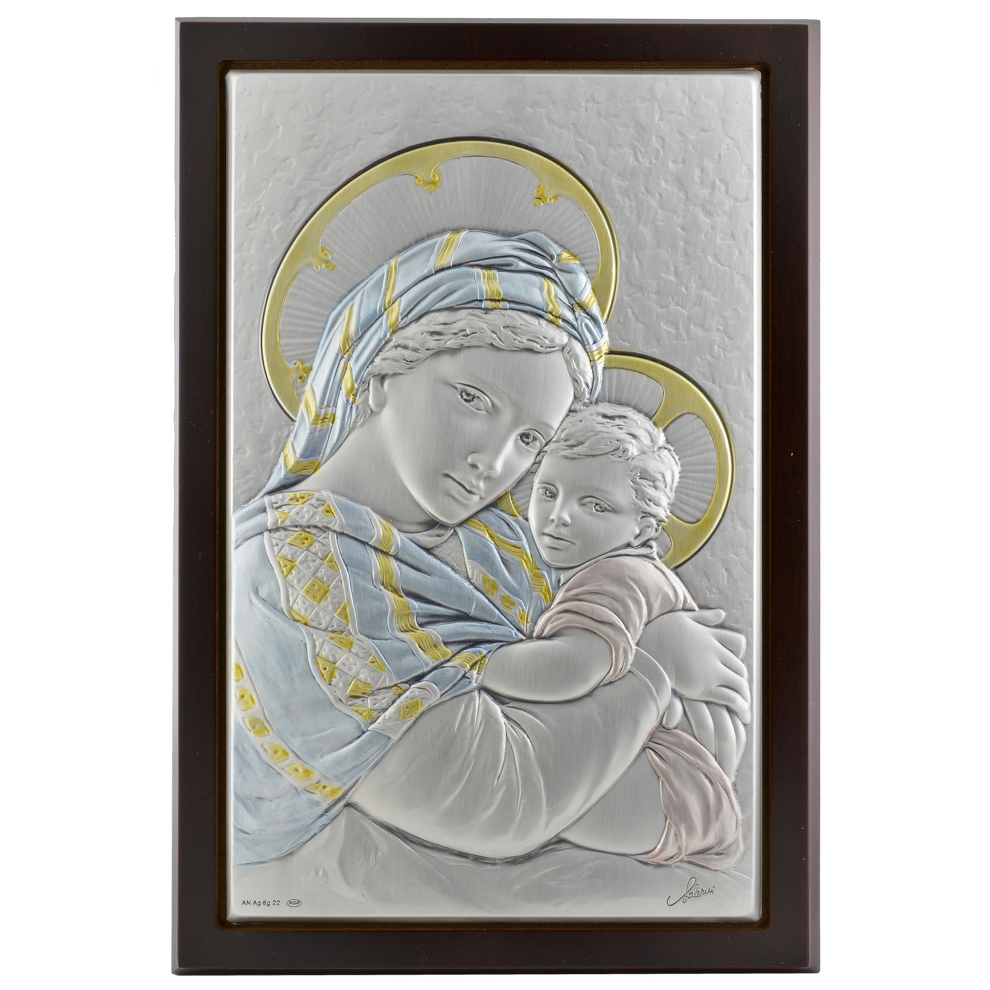 Icoana placata cu argint - Fecioara Maria si pruncul Iisus - Pictata manual, aura galbena, furnir, vertical, 2/4