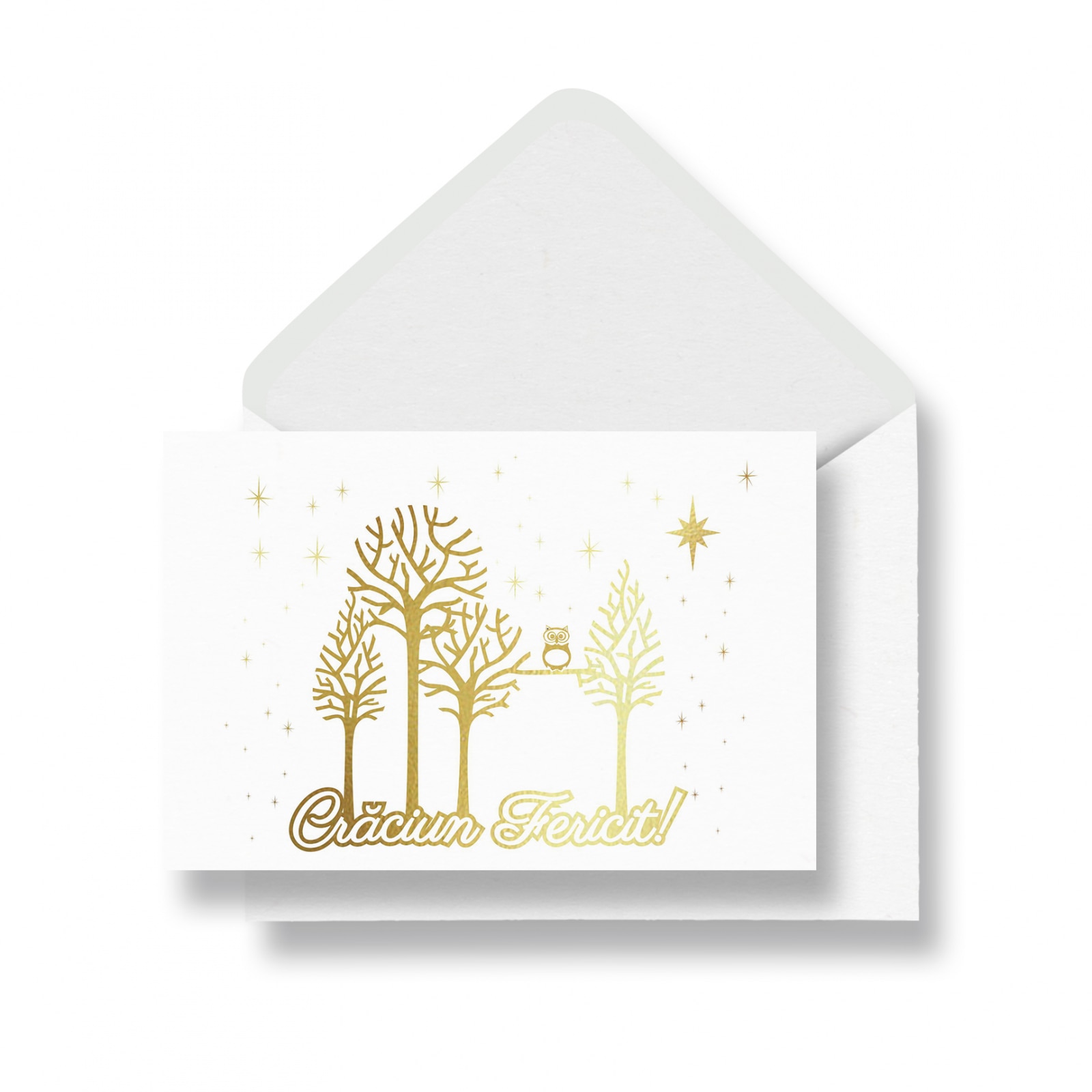 Felicitare cu plic, Copaci cu Bufnita, model de iarna, colaj metalic auriu, cadou de Craciun