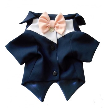 Frac caini ,Bijou Peta's , stofa bleumarin cu papion roz, 35 cm Frac caini ,Bijou Peta's , stofa bleumarin cu papion roz, 35 cm