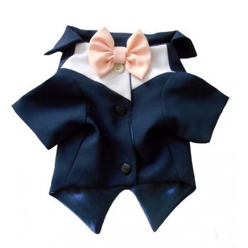 Frac caini, Bijou Peta's , stofa bleumarin cu papion roz,30 cm Frac caini, Bijou Peta's , stofa bleumarin cu papion roz,30 cm