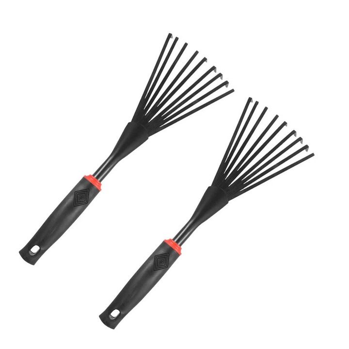 Градински гребла, 2 броя, 9 зъба, пластмаса и въглеродна стомана, черни, 39x14.5x4.5 см