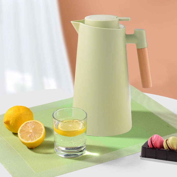 Cafetiera termos cu izolatie dubla sticla, maner lemn fag, verde deschis, 24x13.6x13.6cm