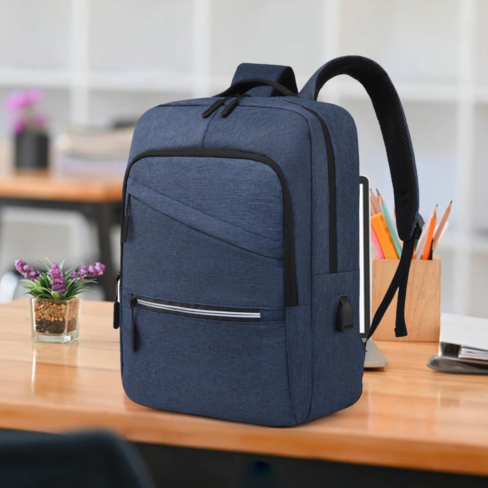 Rucsac business, albastru, 40x28x14cm, port USB, buzunar chei, buzunar sticla 500ml