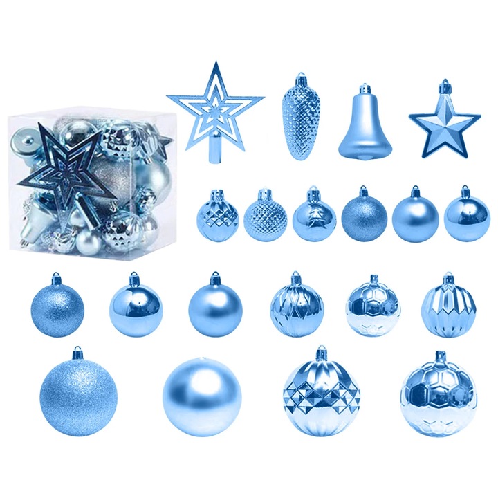 Комплект от 45 цветни коледни топки със звезда за върха на елхата, пластмасови