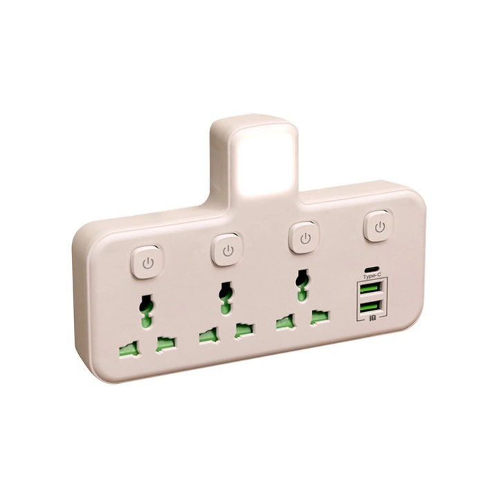 Adaptor prelungitor YANYXR BCS2909954 cu 4 prize universale, 3 porturi USB (2x USB-A, 1x USB-C), 4 intrerupatoare individuale, protectie pentru copii, priza triunghiulara, lampa LED, bej