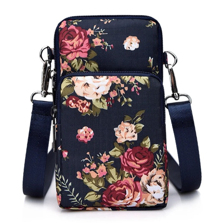 Дамска чанта за мобилен телефон, 3 слоя, Голям размер, Найлон, Многоцветна