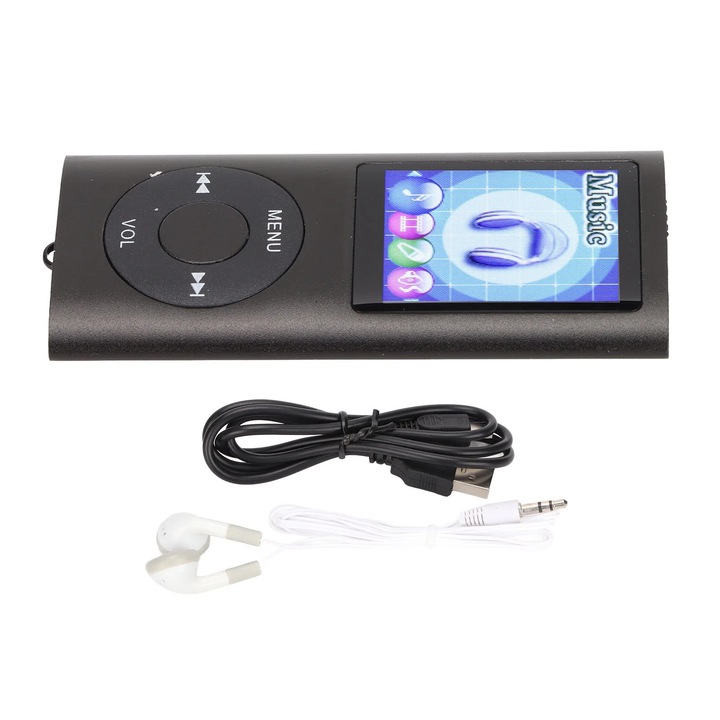 Hordozható MP3 lejátszó, 1,8 hüvelykes színes képernyő, 64 GB-os tárhely, több funkció, fekete