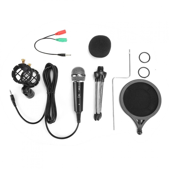 Професионален кондензаторен микрофон, черен, 3.5 мм, за запис на глас, съвместим с караоке приложения