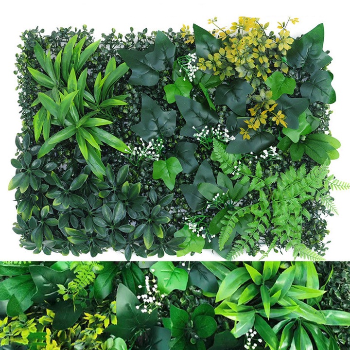 Feicaeesa® Изкуствено растение, Декоративен панел с разнообразни зелени листа 40x60 см - Жълто-бели акценти и уникални текстури, За вътрешна употреба