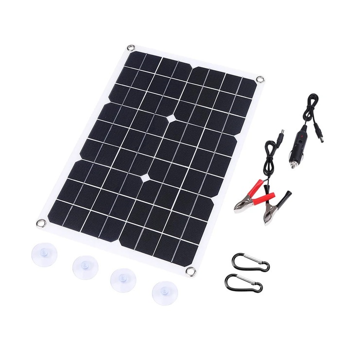 Panou solar portabil 20W, 5V, 420x280x3mm, cablu de incarcare auto, clips crocodil, 4 ventuze