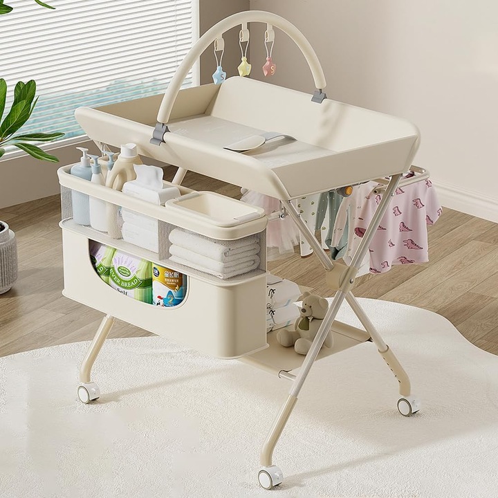 Masa de infasat pliabila Wacorresi, 4 in 1, inaltime ajustabila, cu spatiu de depozitare, bej