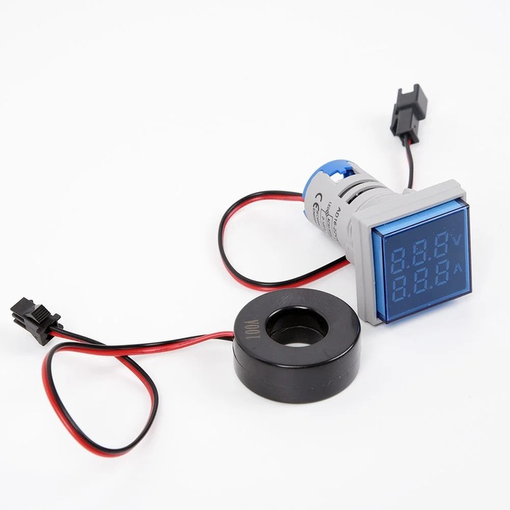 Цифров индикатор за напрежение и ток, 60-500V, 0-100A, червен, 31x31mm, пълен комплект