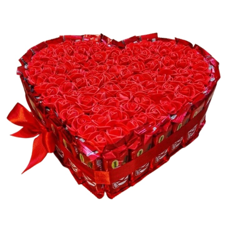 Cadou inima din napolitane cu ciocolata cu Trandafirii Rosii XL, 85 de produse