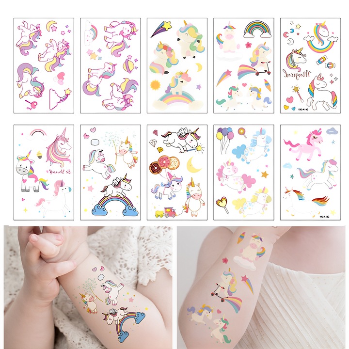 Tatuaje temporare set 10 foi, TREXORA, designuri cu unicorni, non-toxic, multicolor