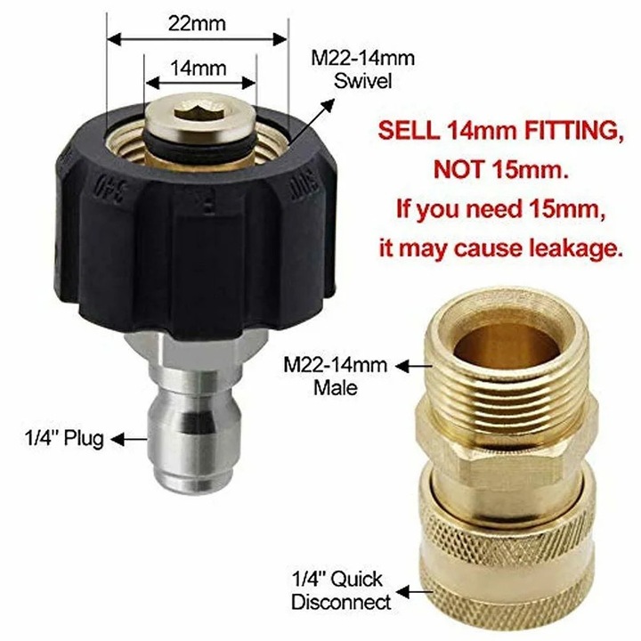 Magasnyomású mosó adapterkészlet M22 14 - 1/4" gyorscsatlakozóval, 5000PSI, rozsdamentes acél, műanyag