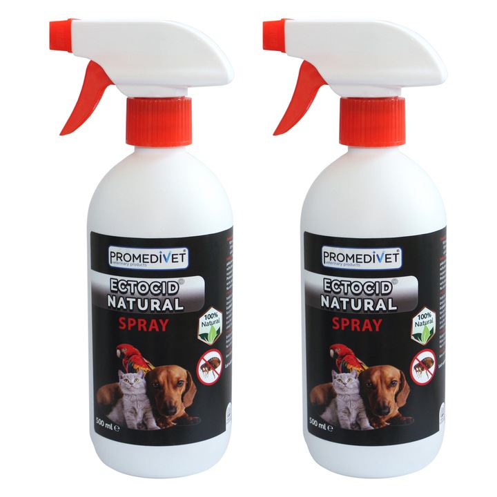 Pachet Spray Antiparazitar Ectocid Natural, Produs natural, gata de aplicare, recomandat ca adjuvant in tratamentul infestatiilor cu pureci si paduchi la Caini, Pisici si Pasari de colivie, 2x500 ml