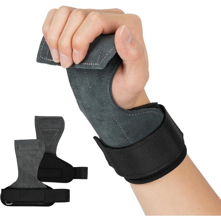 Комплект от 2 ленти за вдигане на тежести, противоплъзгащи, със защита за китките, за тренировки с тежести като мъртва тяга/гребане/набирания/шпори, универсален размер, сив