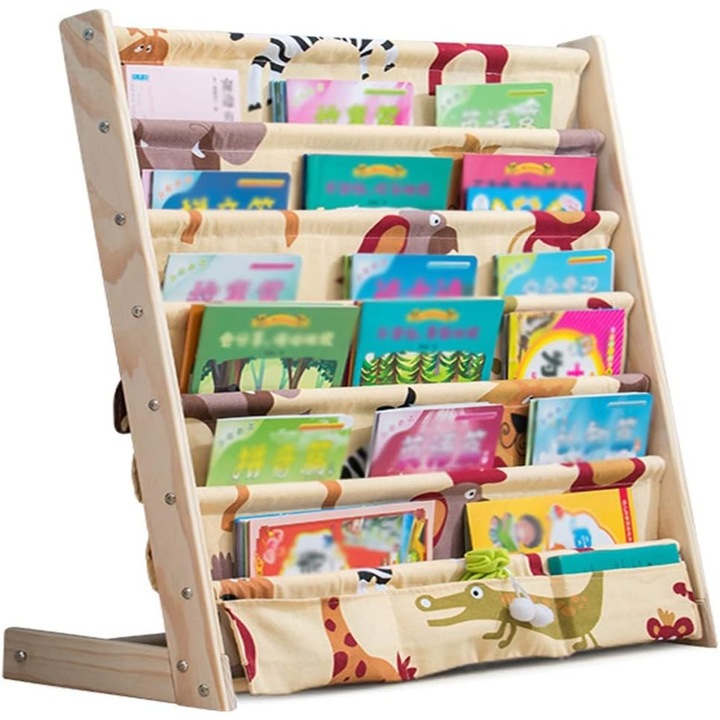 Дървена детска етажерка за книги Wacorresi, 6 нива, размери 75x30x79см, дизайн със заоблени ъгли, лесна за сглобяване