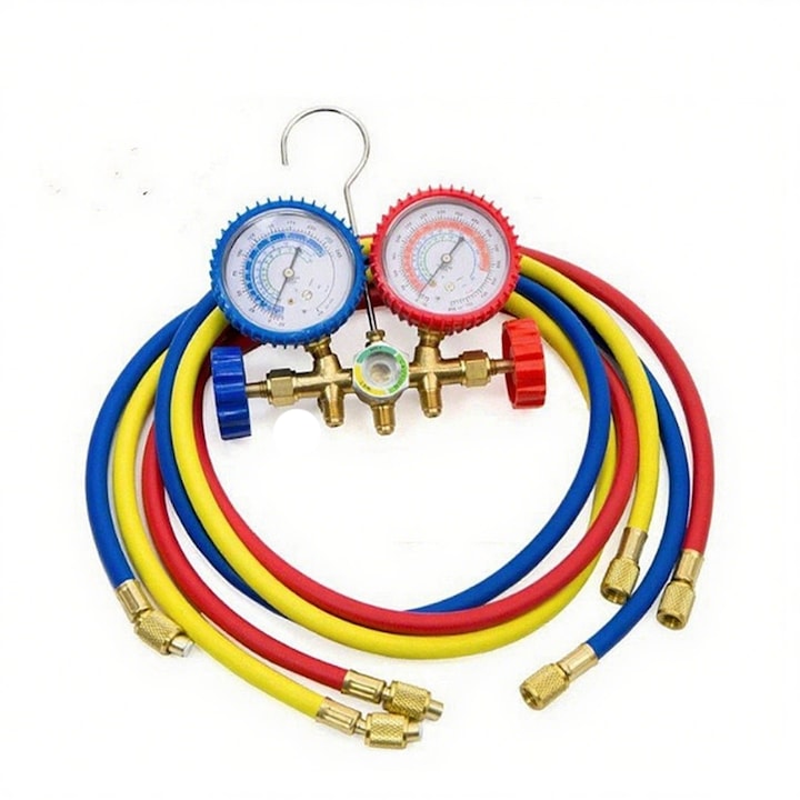 Set manometru galerie frigorifica, 500PSI, 2500PSI, pentru R12 R22 R502 R134, metal, instrument de aer conditionat cu furtun si carlig, caracteristici stabile, utilizare intensa, instrument de refrigerare pentru aer conditionat, 90cm