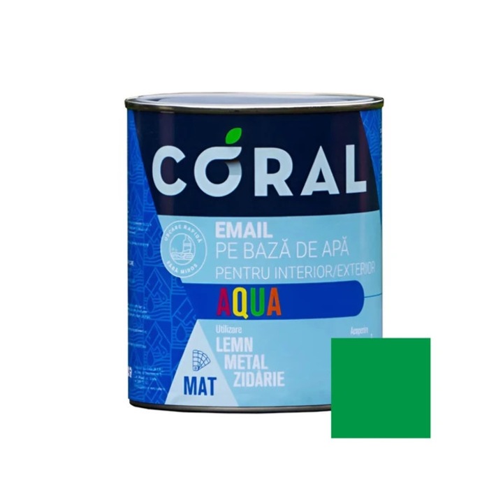 Email pentru lemn / metal, Coral Aqua, interior / exterior, pe baza de apa, verde esmeralda, 0.6 L