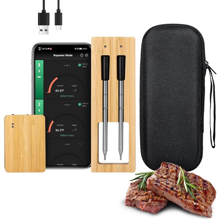 Termometru wireless pentru carne, Wacorresi, Termometru Inteligent Carne700FT, 2 Probes, din otel inoxidabil, cu senzor de temperatura, Cu Aplicatie Telefon, setare alarma inteligenta, negru