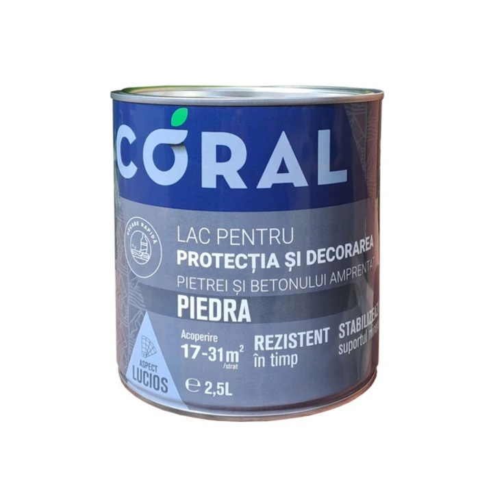Лак за камък и щампован бетон Coral Piedra, за интериор/екстериор, безцветен, 2.5 л