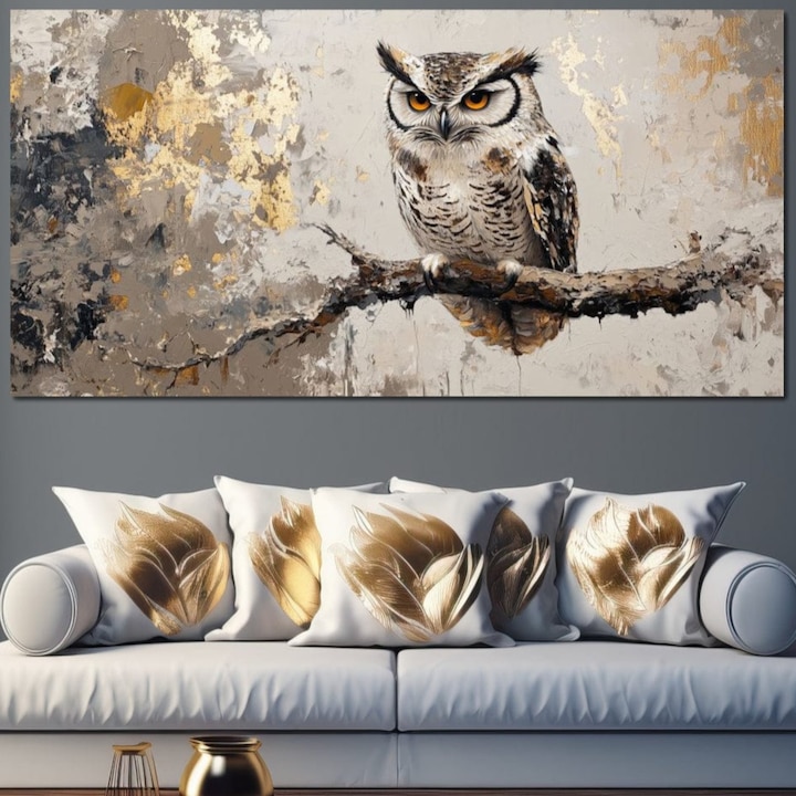 Tablou Canvas Premium, LuxCanva® M1065, Veghere in Praf de Aur, 70 X 140 CM, Panza Bumbac 100% 400g/m2, Sasiu Lemn, Bufnita, Auriu, Abstract, Pictura, Pasari, Ramura, Textura, Mister, Intelepciune, Birou, Living, Camera Copil