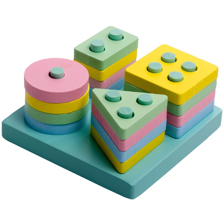 Играчка за сортиране AYSTOAYS, геометрични форми, Образователна Монтесори, 4 колони, 16 части, Дърво, 4 колони за сортиране по цвят, нетоксична боя, пъзел, многоцветен