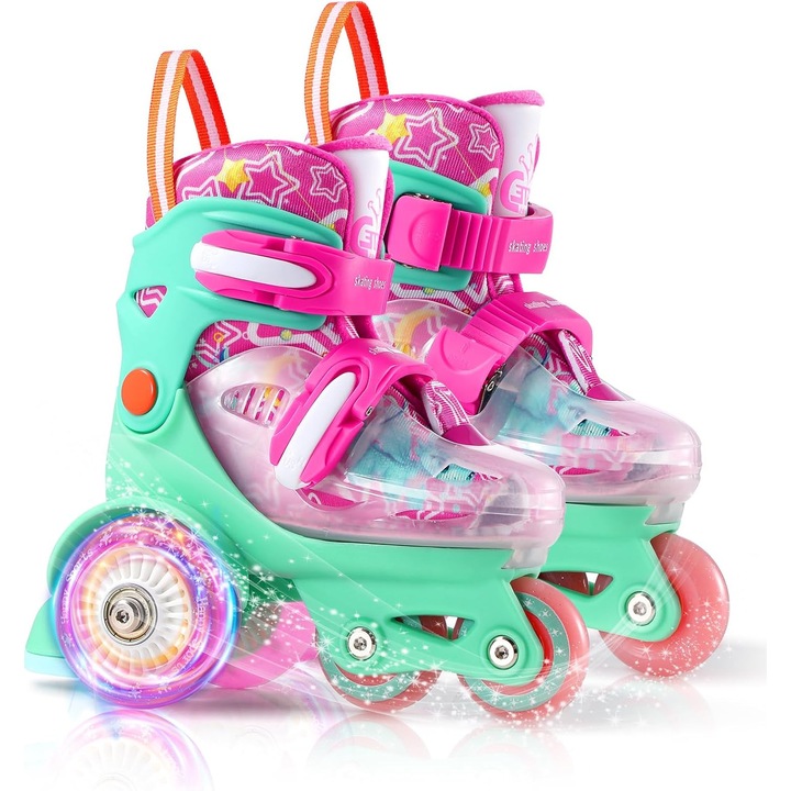 Állítható méretű görkorcsolya gyerekeknek, JFYU®, tanulógörgők, háromszög alakú platform a stabilitásért, világító szilikon kerekek, 4 kerék, kezdőknek, XS méret (27-30), zöld és rózsaszín