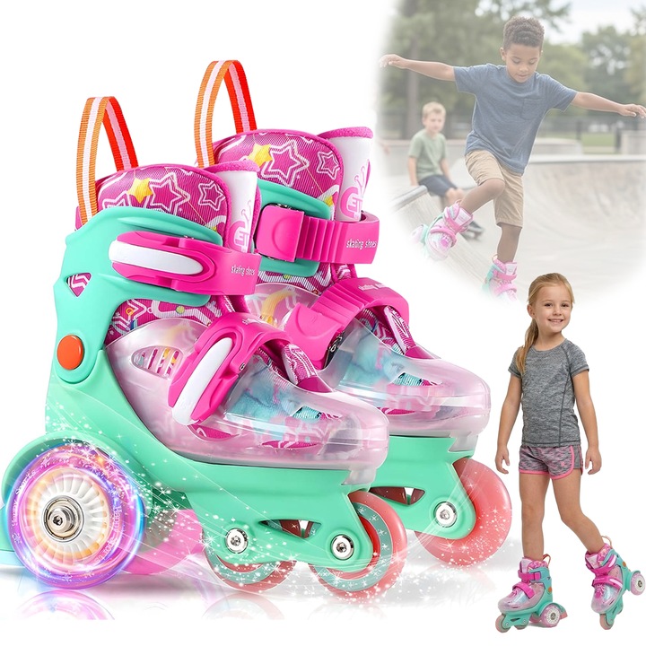 Role reglabile pentru copii, JFYU®, role pentru invatare, platforma triunghi pentru stabilitate, roti Luminoase din Silicon, 4 roti, pentru incepatori, marimea xs (27-30), verde si roz