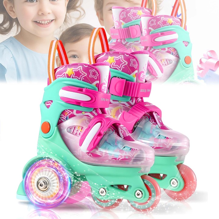 Регулируеми ролкови кънки за деца, JFYU®, учебни ролки, триъгълна платформа за стабилност, светещи силиконови колела, 4 колела, за начинаещи, размер XS (27-30), зелено и розово