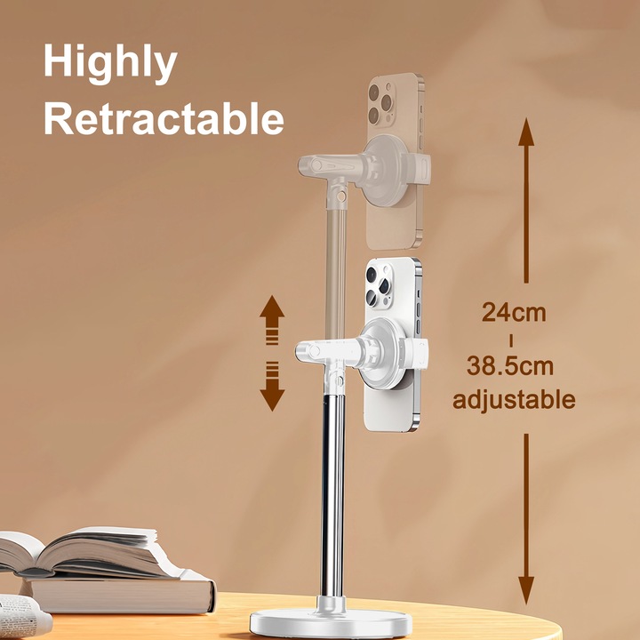 Поставка за мобилен телефон HouDeOS, Регулируема височина 24-38,5 см, Регулируем ъгъл на видимост на 360 градуса, Бял