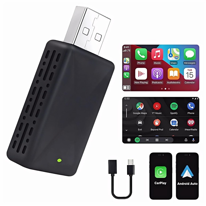 Adaptor auto Wireless 2-in-1, 2 in 1, Compatibil cu Apple Carplay si Android Auto, Compatibil cu iOS 10+/Android 11+, Comutare fara probleme, WiFi 6, Plug&Play, Plastic, Oududianzi, Negru