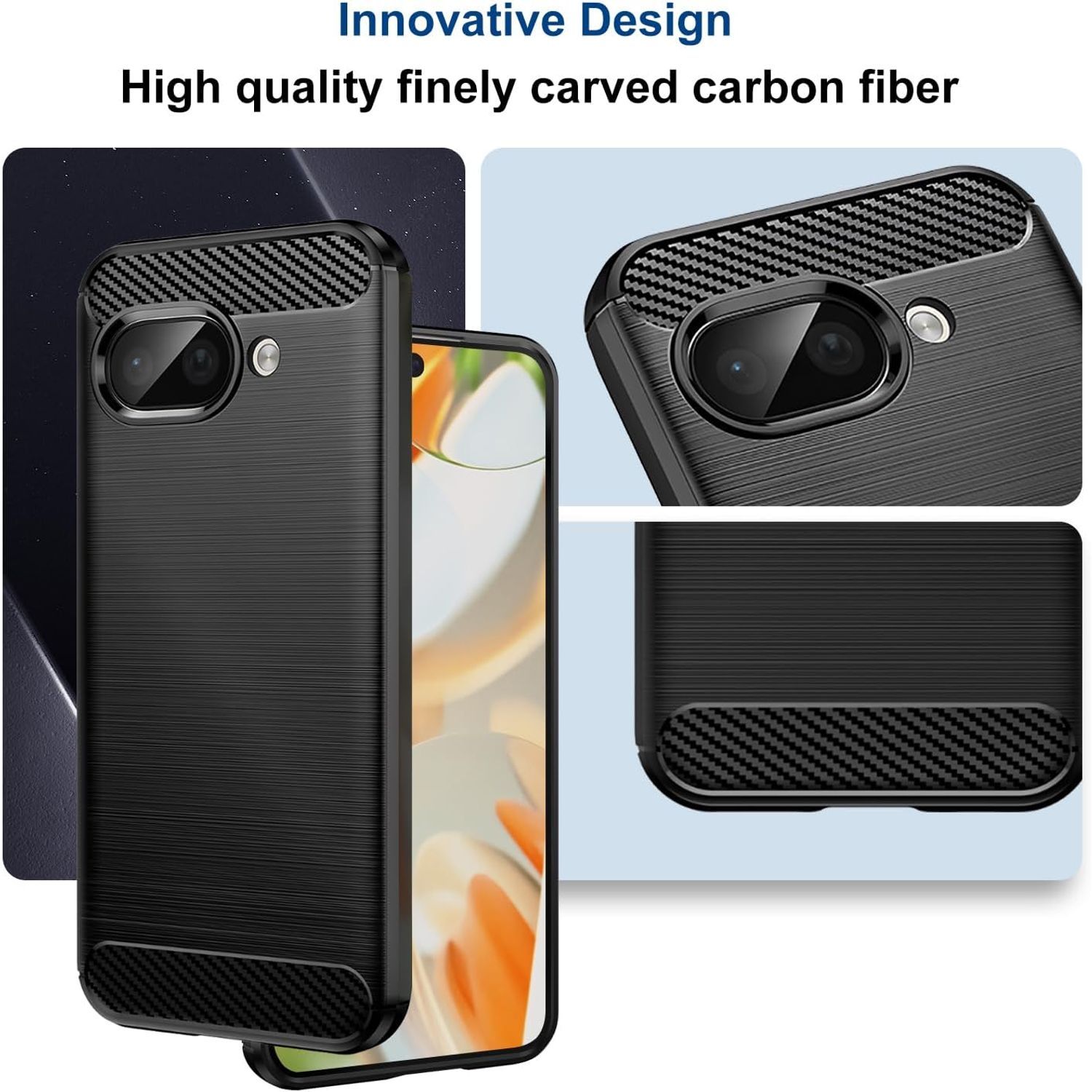 Husa Telefon pentru Google Pixel 9A, Carcasa Slim Fit din TPU cu Absorbtie de Socuri, Design Fibra de Carbon, Negru