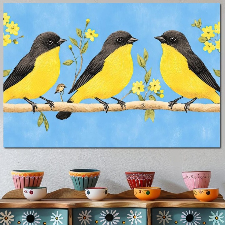 Tablou Canvas Premium, LuxCanva® M1067, Mic Univers Galben, 40 X 60 CM, Panza Bumbac 100% 400g/m2, Sasiu Lemn, Pasari, Galben, Primavara, Familie, Ramura, Flori, Pui, Armonie, Copilarie, Birou, Living, Camera Copil