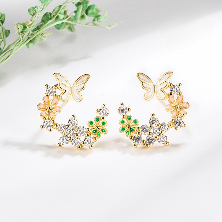 Дамски обеци, корона от цветя с пеперуда, сребърна игла 925, циркон, златисти, с премиум кутия за бижута