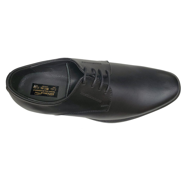 Pantofi Eleganti Negri Cu Siret Din Piele Naturala, Exterior Si Interior Din Piele, Talpa TR Flexibila, Calapod Comod, Model Simplu, Produs Romanesc, SVG, Marimea 43