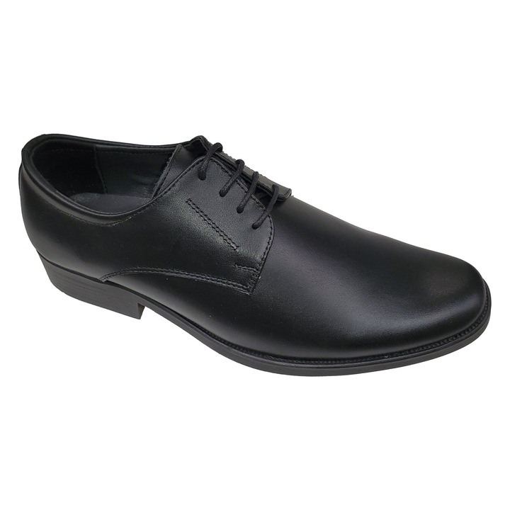 Pantofi Eleganti Negri Cu Siret Din Piele Naturala, Exterior Si Interior Din Piele, Talpa TR Flexibila, Calapod Comod, Model Simplu, Produs Romanesc, SVG, Marimea 43