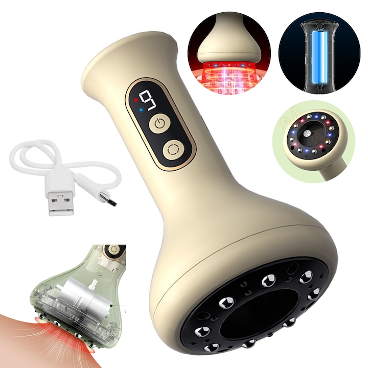 Смарт устройство за вакуумна и остъргваща терапия, Puepoul, умно устройство за вендузи, което облекчава мускулните болки с терапия с червена светлина, остъргващ масаж, който подобрява кръвообращението, 14,7 × 8,9 см, жълто