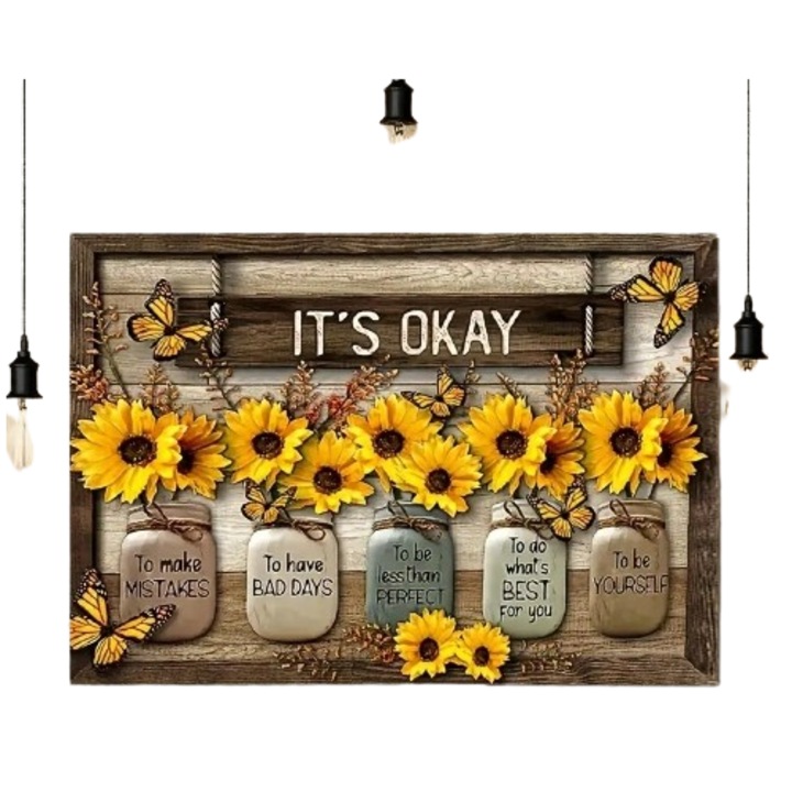 Dekoratív festmény, pillangó, napraforgó, 20x30cm, többszínű