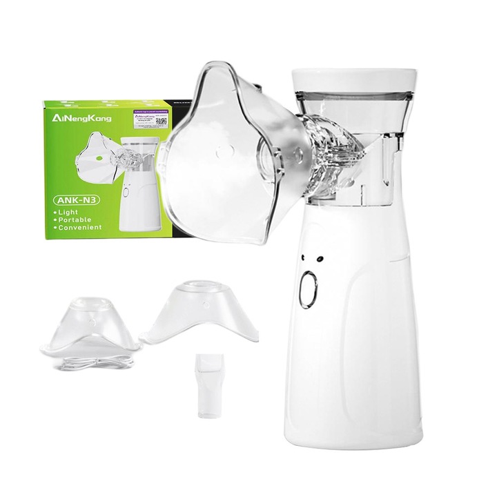 Апарат за аерозоли BEEVME, мини, небулайзер, преносим, клинично валидиран, ултразвуков, с батерии и адаптер за контакт, Mesh технология, маска за възрастни и деца, безшумен, бял